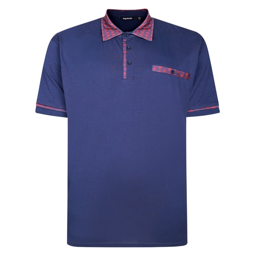 Front view of midnight blue polo with patterned trim.